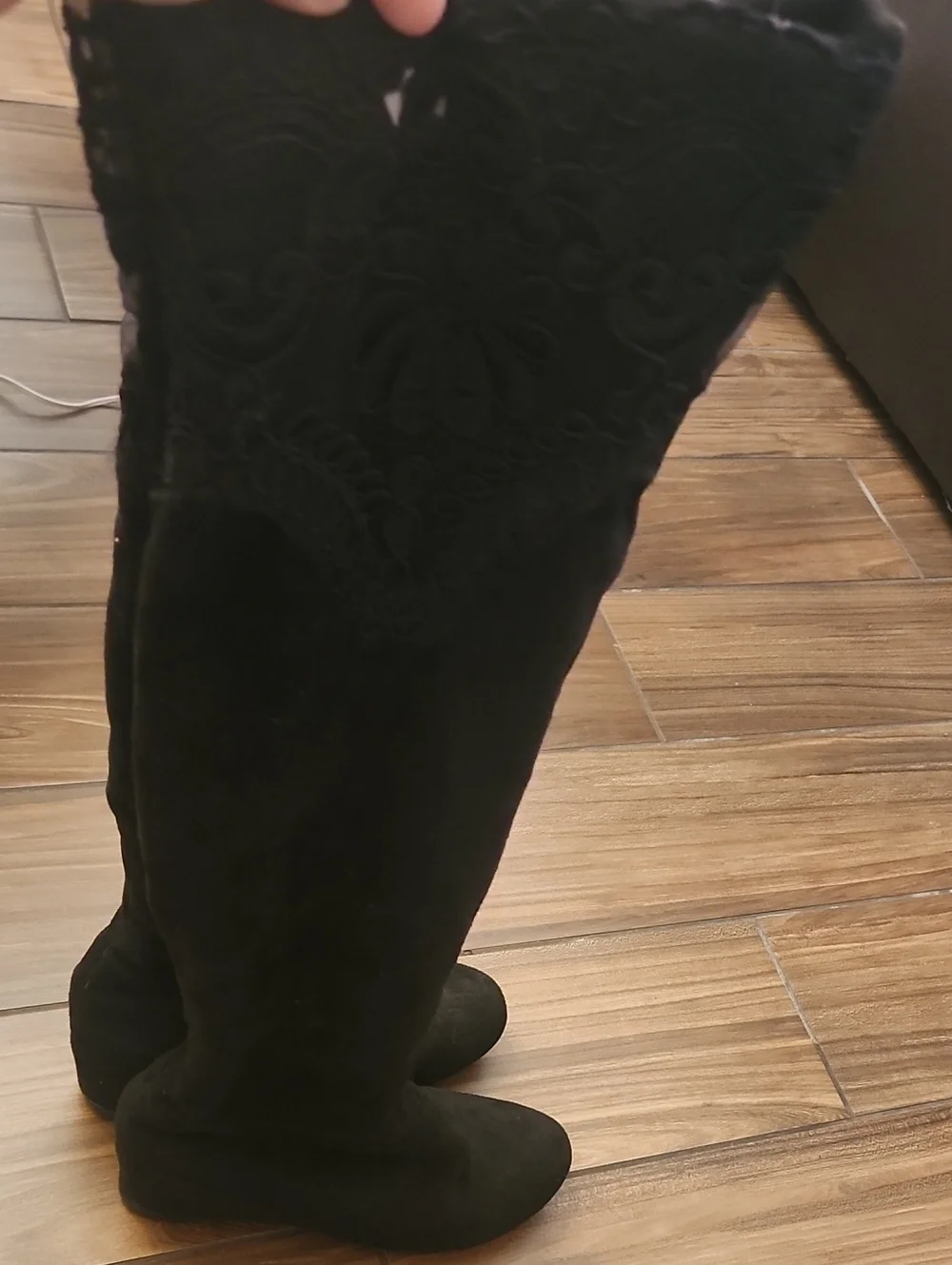 Black Lace-Trim Over-the-Knee Wedge Boots - Women